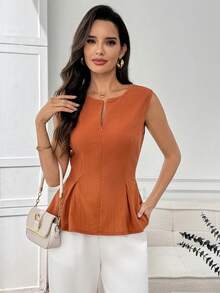 Miaspire Áo kiểu nữ không tay, màu trơn, khóa kéo phía trước, vạt áo xếp ly. - Rỉ Nâu - Xem 5