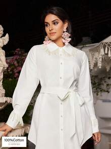 VOLUPTÉ CURVE Plus Size Women's Spring/Summer White Top Pearl Fringe Lapel Long Sleeve Blouse, Elegant Casual Formal Business Office Vacation Wedding Guest Outfit - White - View 2