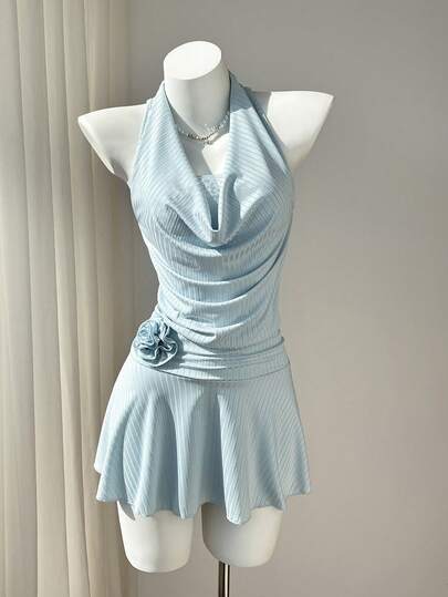 Elamini Women's Striped Light Blue Dress With 3D Floral Decor Draped Neck