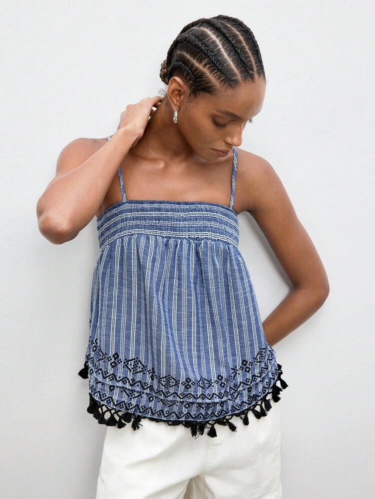 SHEIN Maija Women's 2026 Summer Vacation Camisole Top,Blue And White Stripe Patchwork Fringe Hem,Boho Casual Holiday Beach Striped Top