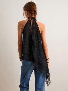 Freevana 女士撞色蕾丝不对称下摆时尚吊带背心 - 黑色 - 查看 2