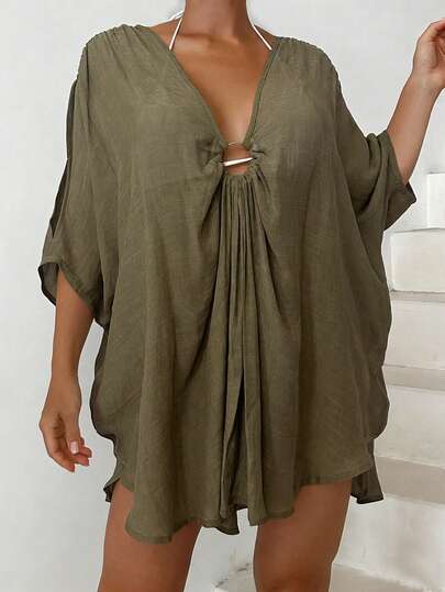 SHEIN Swim Summer Loose V-Neck Short Sleeve Bikini Cover Up