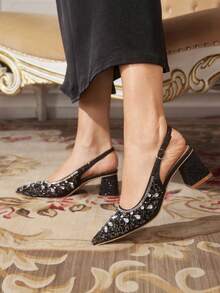 CUCCOO TILAWA Women's Shoes Are Wrapped In Cloth Square And Glass Rhinestone Decorative Pointed Women's High-Heeled Shoes, Suitable For Going Out, Banquets, Parties And Other Activities - Black - View 7