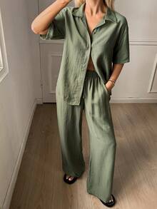 DAZY 女士简约绿色睡衣套装，夏季 - 綠色 - 查看 6