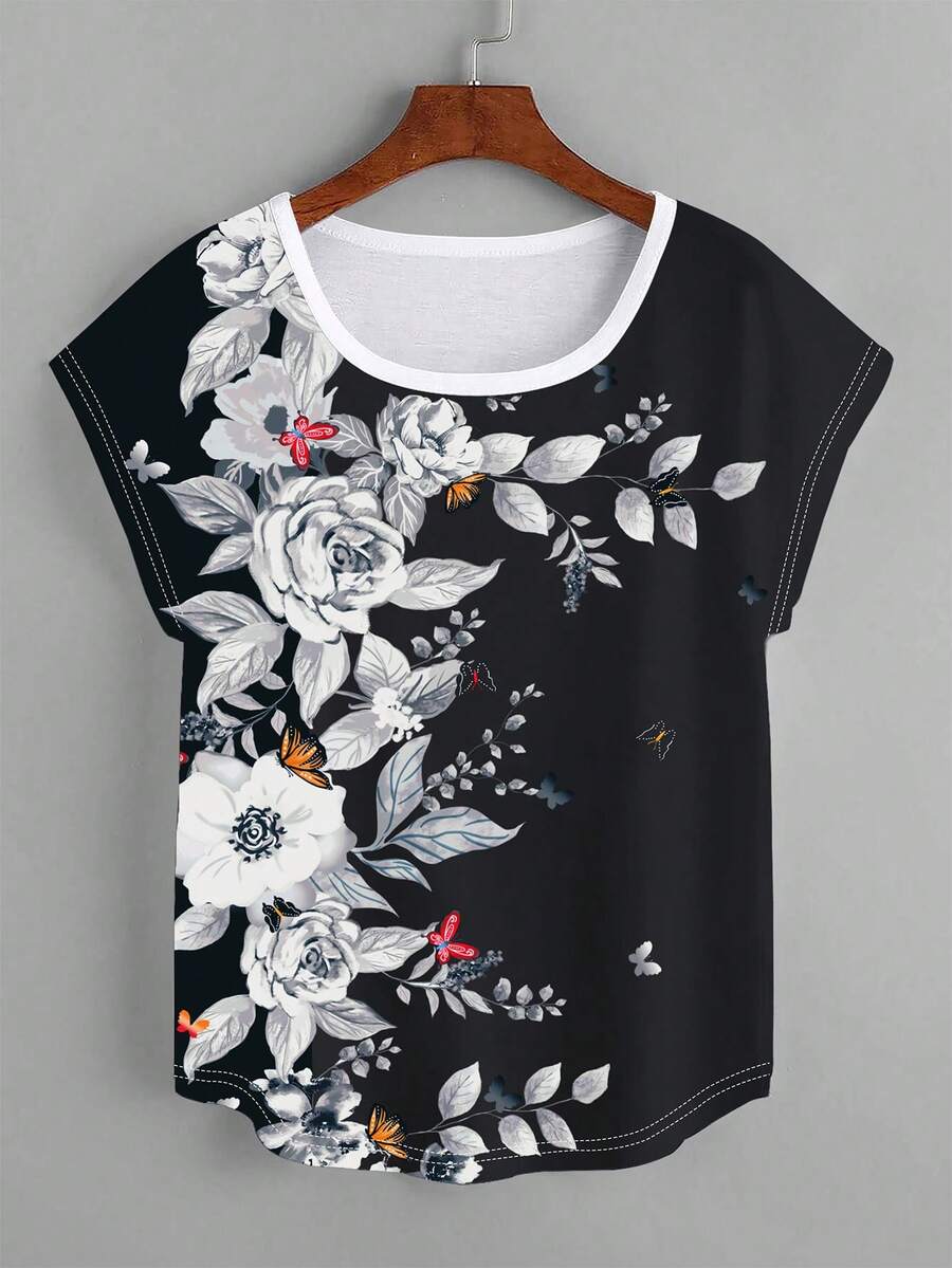 SHEIN LUNE 花卉印花蝙蝠袖弧形下摆T恤衫 女式上衣 - 彩色 - 查看 1