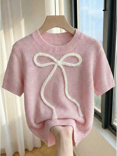 Franclia New Sweet Cute Pink Casual Bow Knit Pullover Sweater For Women, Spring/Summer Pink Bow Top Baby Pink Tops Cute Short Sleeve Tops Bow Top Women Knit Tops Women's Cute Tops Cute Pink Tops Knitted Tops For Women Pink Sweater