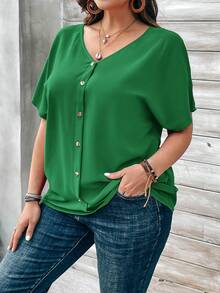 EMERY ROSE Plus Size Women's Orange Button Embellished Short Sleeve Shirt For Spring - Green - View 4