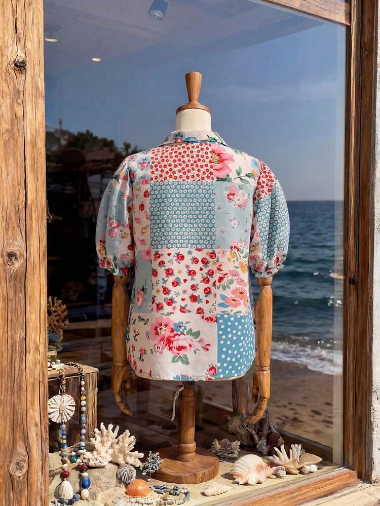 Plus Size Casual Polka Dot & Ditsy Floral Petal Sleeve Shirt Summer Tops Summer Outfits Summer Clothes  Spring  Spring Outfit Women Spring Clothes Country Style For Women Vacation Outfits Women  Floral Tops Beach Outfits For Women  Beach Vacation Outfits For Women  Seaside Retro Mannequin Window Display