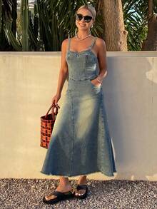 DAZY 女士休闲做旧水洗无袖牛仔连衣裙，夏季 - 藍色 - 查看 3