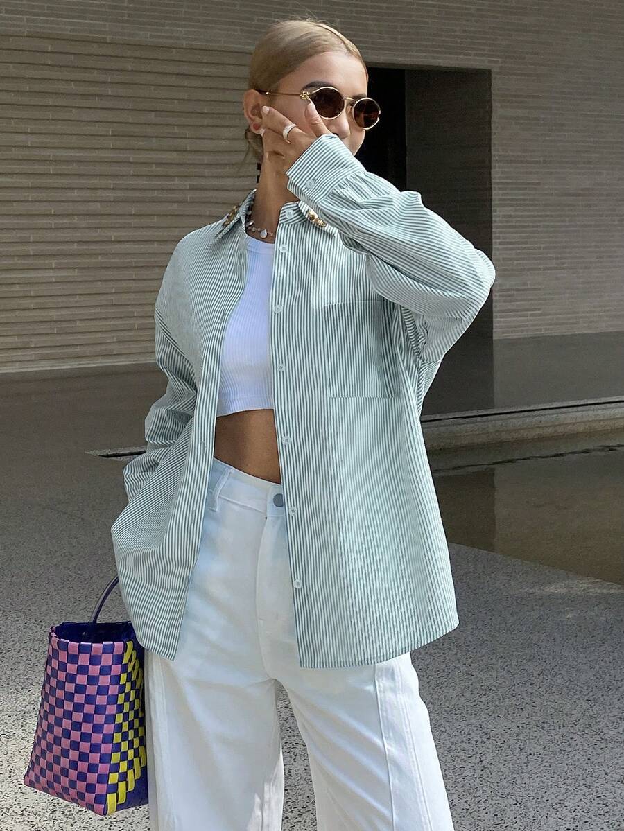 DAZY Women's Casual Sequin Patchwork Striped Pocket Shirt, Spring - Green - View 1