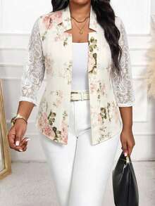 SHEIN Lady Áo blazer nữ cỡ lớn tay lửng phối ren hoa thanh lịch - Nhiều màu - Xem 3