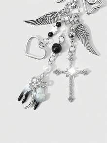 ROMWE 2款全新Y2K个性化复古朋克时尚暗黑哥特风银翼CCB圆珠爱心蝙蝠亮钻十字架卡通小猫蝴蝶结DIY钥匙扣包包吊坠，组合套装，适合姐妹和女友日常佩戴，节日礼物 - 銀色-1 - 查看 8