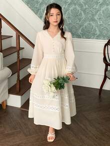 DAZY Tween Girls V-Neck Puff Sleeve Dress, Fall - Beige - View 8