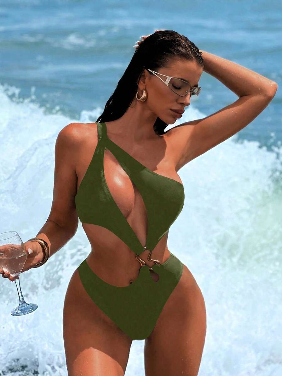 Swim SXY 女士性感连体泳衣，不对称肩部镂空设计，金属装饰，夏季 - 軍綠色 - 查看 1