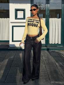 Muchica 女士黄色针织印花露肩T恤 - 黃色 - 查看 3