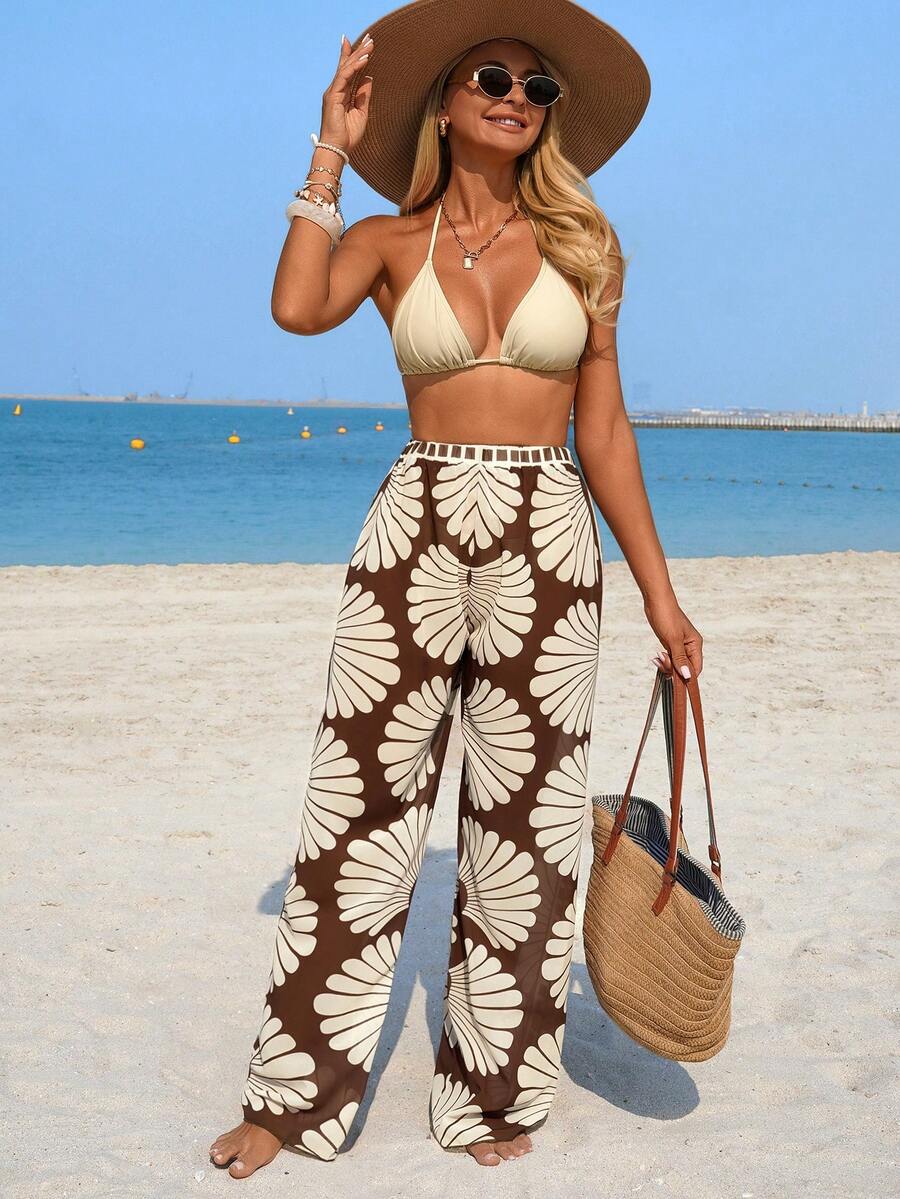 Swim Lushoire Women's Semi-Sheer Printed Cover-Up & Pants Set, Elastic Waistband, Placement Print - Multicolor - View 1