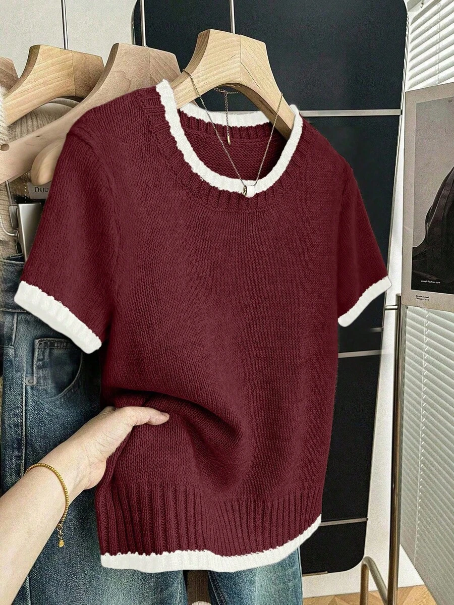 SHEIN Franclia Áo len dệt kim màu tương phản tối giản cá tính mới cho mùa hè dành cho nữ - Màu Đỏ Sâu - Xem 1