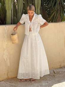 DAZY Bộ đồ 2 món dành cho nữ, gồm áo và chân váy tay cánh hoa, viền bèo nhún, thắt nơ phía trước, thích hợp cho kỳ nghỉ. - trắng - Xem 4