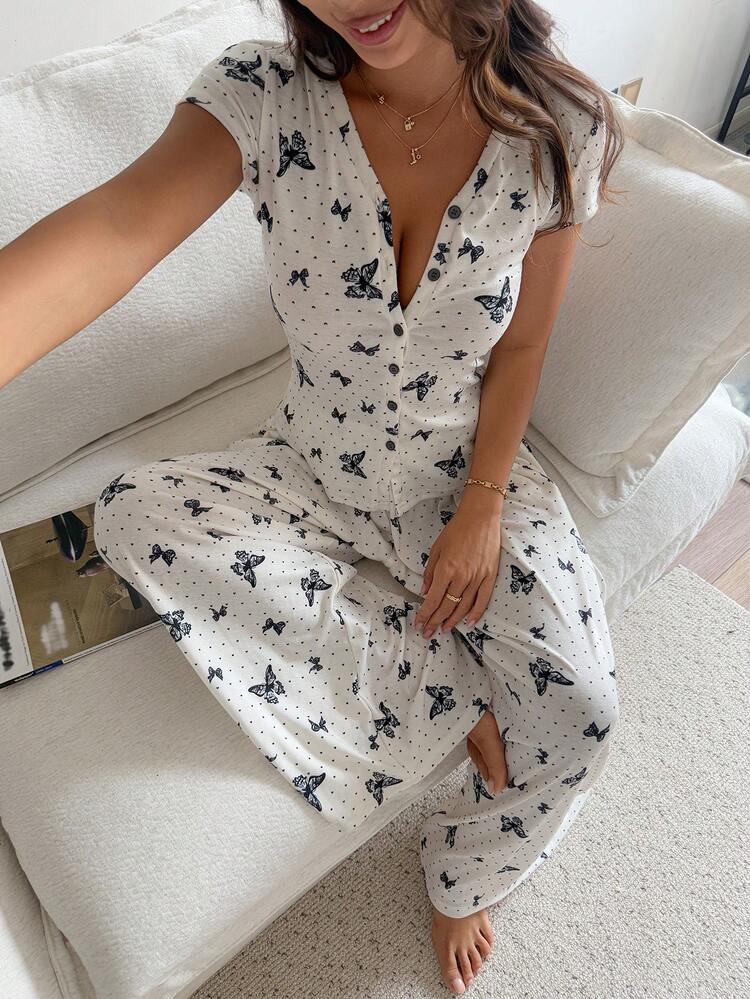 Women's Elegant Butterfly Print Top And Wide Leg Pajama Pants Set, Summer Sleepwear