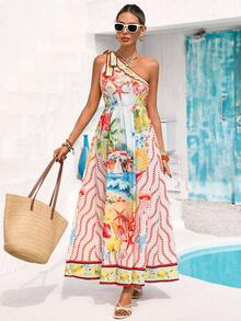 Vivid Eden Vestido asimétrico de línea A con estampado artístico para mujer, ideal para vacaciones de verano - Multicolor - Ver 4