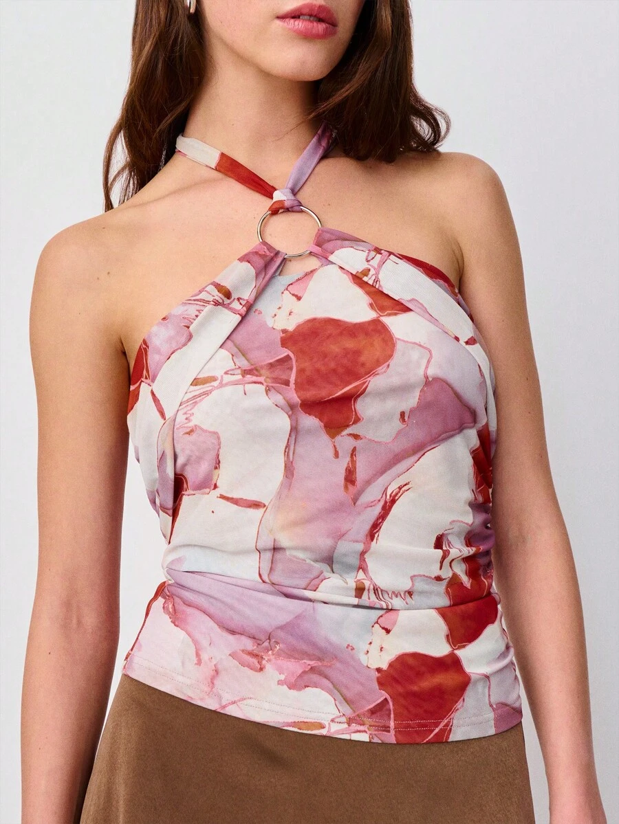 Nöista Printed Halter Neck Top With A Metal Ring Detail At The Neckline. Boho, Festival, Spring, Summer. - Purple - View 1