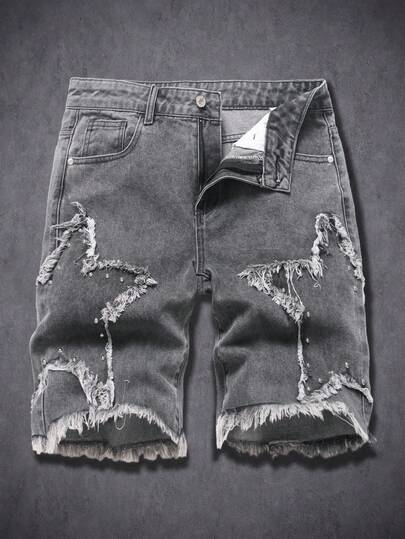 Manfinity Denimwave Men's Fashionable Streetwear Star Patch Rivet Decor Bermuda Loose Denim Shorts