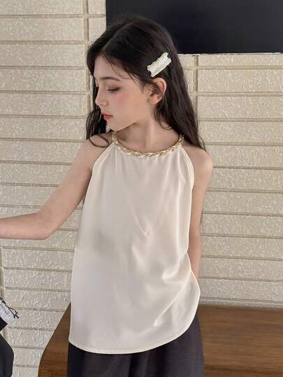 Dazy Kids 少女优雅露背拼接吊带上衣，夏季