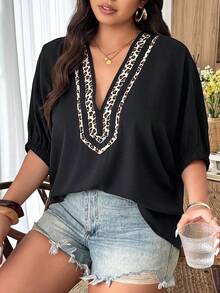 Weeklong Plus Size Women's Spring/Summer Leopard Print Patchwork Loose Casual Shirt Dress - Black - View 1
