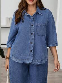 EMERY ROSE Plus Size Casual Washed Denim Blouse - Medium Wash - View 7