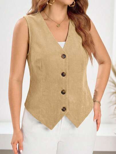 EMERY ROSE Plus Size Women Casual/Office Commute Minimalist Solid Color Corduroy Single-Breasted Vest For Summer/ Vacation