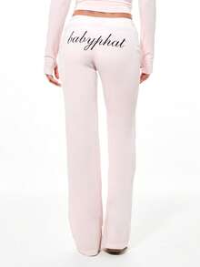 BABYPHAT Pink Velour Flare Leggings With Script Logo Embroidery High Rise Bootcut Wide Leg Comfort Stretch Lounge Pants Fall Winter Cozy - Baby Pink - View 1