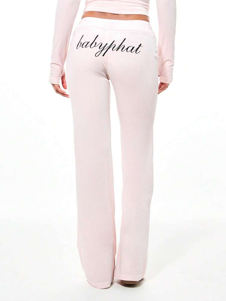 BABYPHAT Pink Velour Flare Leggings With Script Logo Embroidery High Rise Bootcut Wide Leg Comfort Stretch Lounge Pants Fall Winter Cozy