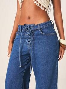MISSGUIDED Quần jeans nữ ống rộng cạp cao, buộc dây phía trước, kiểu Palazzo, màu xanh cổ điển. - Rửa trung bình - Xem 4