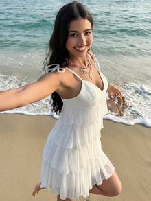 Soleia Đầm ngắn hai dây màu trơn, xếp tầng, có bèo nhún, thích hợp cho kỳ nghỉ hè của nữ. - Màu be - Xem 6