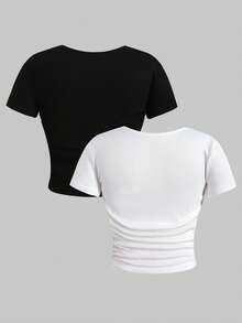 Girlism 2pcs/Set Tween Girl Black & White Bow Print Round Neck Short Sleeve T-Shirt - Black and White - View 2
