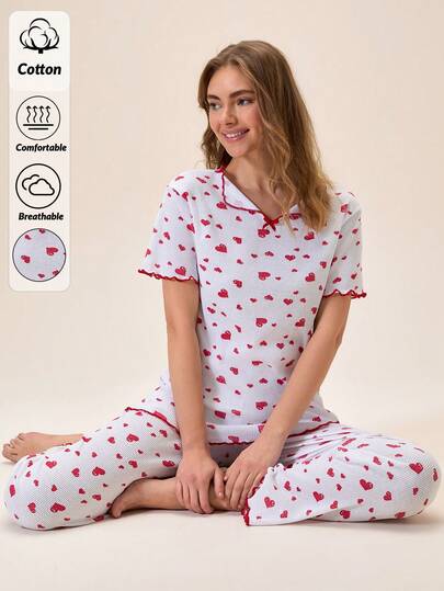 Loomlin Women Cotton 2pcs Rib Knit White Contrast Colour Heart Pattern Lettuce Trim Detail Ribbon Detail Short Sleeved Top& Long Sleep Pants Homewear Comfort Casual Soft Pajama Set