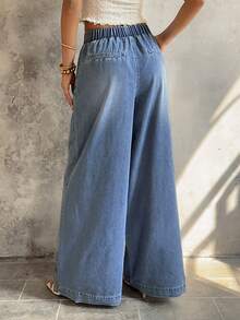 Sunnyshic 松紧腰休闲水洗宽松阔腿牛仔裤 - 藍色 - 查看 2