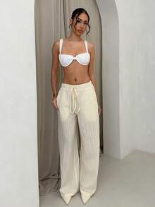 SHEIN PETITE Quần ống rộng dáng suông với dây rút ở eo, phong cách Pháp giản dị nhưng thanh lịch, phù hợp cho mặc hàng ngày, đi chơi, và phối cùng áo đơn giản mang đến không khí nghỉ lễ. Thiết kế đa năng, quần đi biển, quần ống rộng màu trắng cho nữ, quần hè có dây rút, quần vải lanh cho nữ, quần đi biển cho nữ, quần rộng, quần cho người nhỏ nhắn, quần áo cỡ nhỏ, bộ 2 món quần cotton, quần nữ cỡ nhỏ, quần cotton mùa hè cho người nhỏ nhắn, quần cỡ nhỏ cho nữ, quần cỡ nhỏ. - Màu be - Xem 4