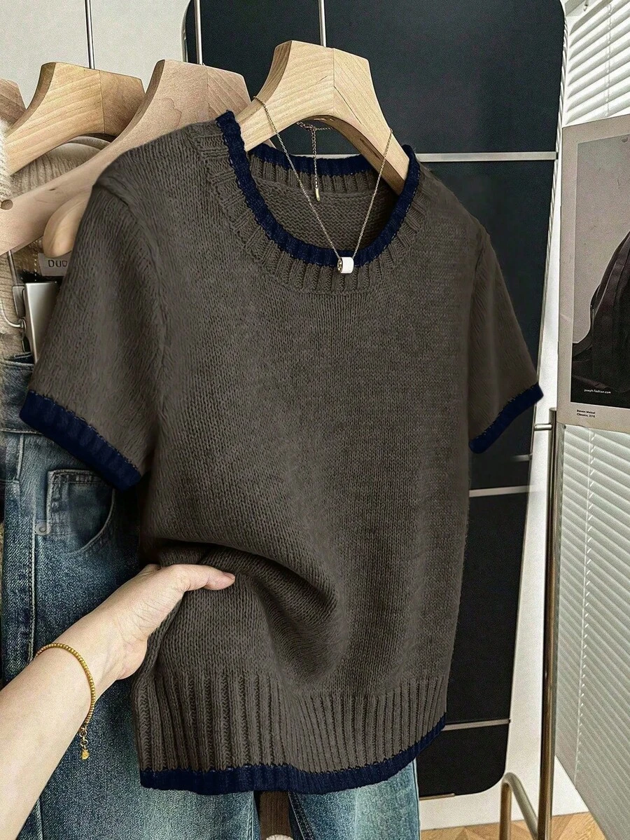 SHEIN Franclia 新款夏季简约个性拼接撞色优雅百搭女士针织上衣 - 摩卡棕 - 查看 1