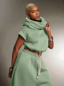 Denimoi Sudadera corta con cuello alto y cordón en la cintura, moda urbana - Verde - Ver 4