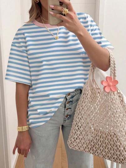 SHEIN CURVE+ เสื้อยืดคอกลมแขนสั้นลายทางลำลอง, เสื้อยืดผู้หญิงไซส์ใหญ่, ฤดูร้อน