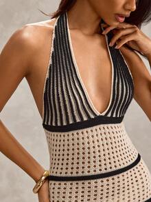 SHEIN Hollow Out Beachwear Cover Up Mini Dress - Black and White - View 5