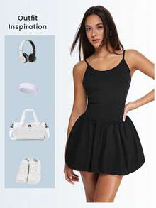 Eassivo Women's Black Ballet‑Style Sport Dress,Adjustable Straps, Ruched Skirt Overlay, Flirty Athletic Silhouette,Black Tennis Dress,Athletic Dress - Black - View 5