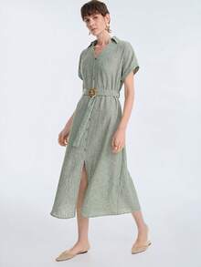 Selianne Women's Summer Short Sleeve Button Waist Belt Dress, Suitable For Vacation, Commuting, Spring And Summer Wear - Army Green - View 4