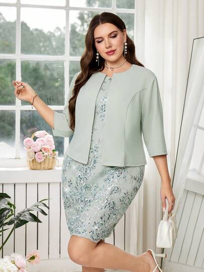 Ellevyn Bộ 2 món dành cho nữ cỡ lớn, gồm váy không tay đính sequin thanh lịch và áo khoác màu trơn.