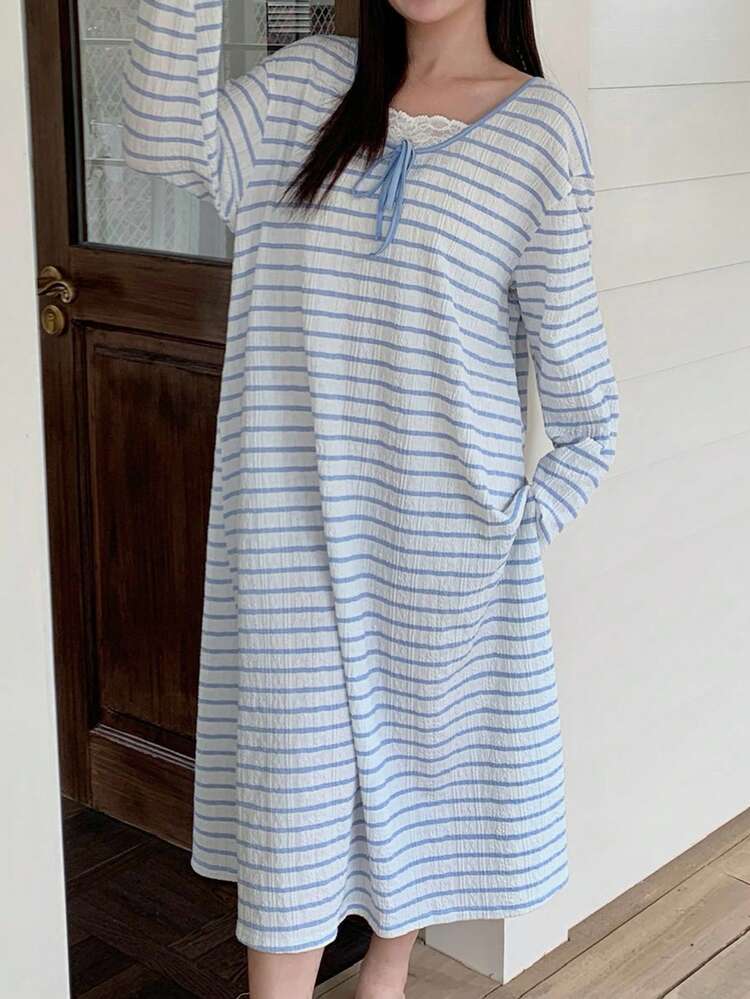 Dazy Plus Plus Size Women Contrast Lace Drop Shoulder Long Sleeve Striped Nightgown
