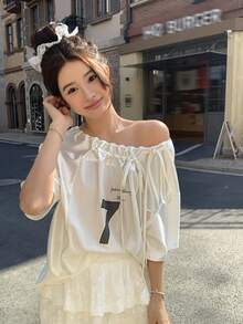 DAZY Women's Casual Loose Fit Numeric Print Asymmetrical Shoulder Short Sleeve T-Shirt - White - View 7