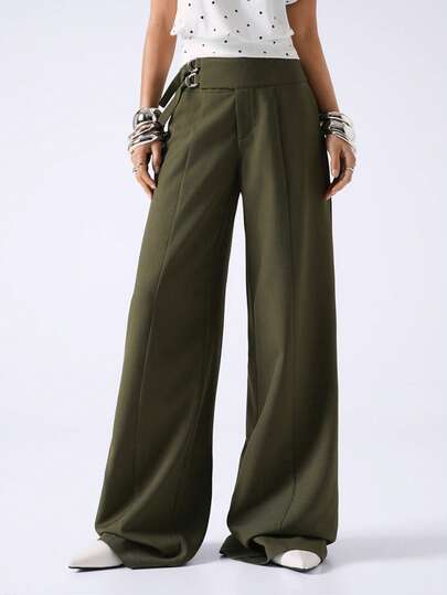 LYSMO 女士纯色侧扣阔腿休闲裤