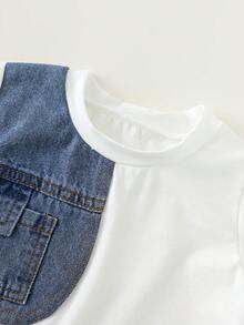 SHEIN 2pcs Baby Boy Denim Patchwork Crew Neck T-Shirt And Denim Pants Set, Casual Everyday Wear - Multicolor - View 4