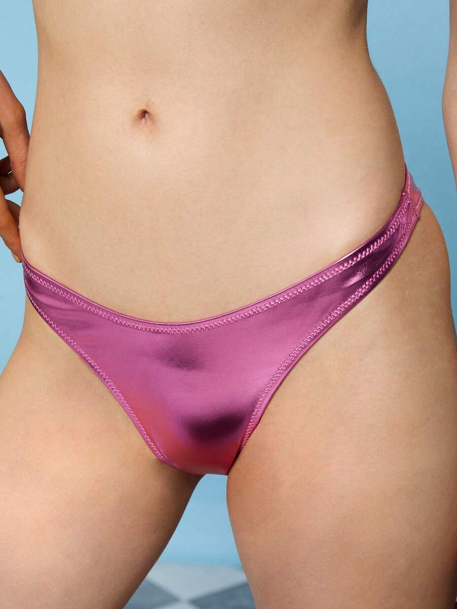 COUREZ 金属粉色高腰比基尼泳裤 / Y2K 夏季女装 可爱性感粉色比基尼沙滩装 度假装 泳装 夏季度假两件套 外出装 - 粉色 - 查看 1